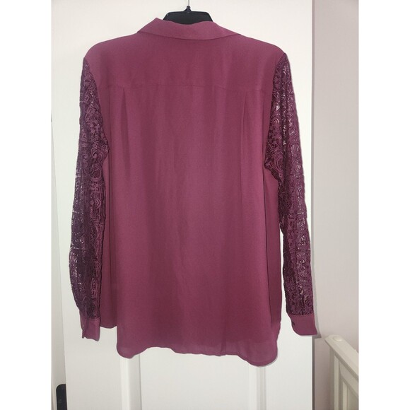 NWT-LOFT Burgundy Maroon Lace Long Sleeve Women Lightweight Button Blouse SZ L - Picture 3 of 5